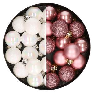 Bellatio 28x stuks kleine kunststof kerstballen dusty roze en parelmoer wit 3 cm -