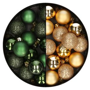 Bellatio 28x stuks kleine kunststof kerstballen goud en donkergroen 3 cm -