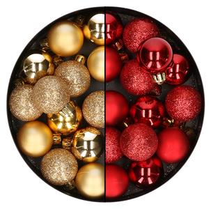 Bellatio 28x stuks kleine kunststof kerstballen goud en rood 3 cm -
