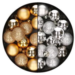 Bellatio 28x stuks kleine kunststof kerstballen goud en zilver 3 cm -