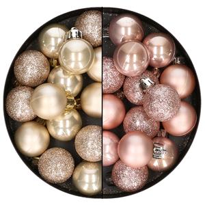 Bellatio 28x stuks kleine kunststof kerstballen lichtroze en champagne 3 cm -