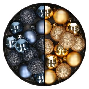 Bellatio 28x stuks kleine kunststof kerstballen nachtblauw en goud 3 cm -