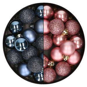 Bellatio 28x stuks kleine kunststof kerstballen velvet roze en nachtblauw 3 cm -