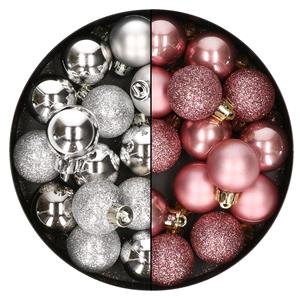 Bellatio 28x stuks kleine kunststof kerstballen velvet roze en zilver 3 cm -
