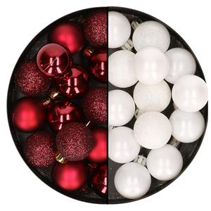 Bellatio 28x stuks kleine kunststof kerstballen wit en bordeaux rood 3 cm -