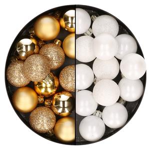 Bellatio 28x stuks kleine kunststof kerstballen wit en goud 3 cm -