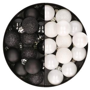 Bellatio 28x stuks kleine kunststof kerstballen wit en zwart 3 cm -