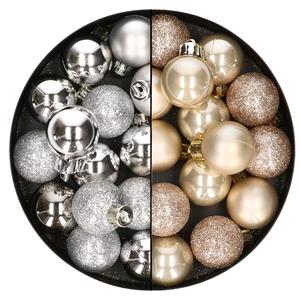 Bellatio 28x stuks kleine kunststof kerstballen zilver en champagne 3 cm -