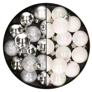 Bellatio 28x stuks kleine kunststof kerstballen zilver en parelmoer wit 3 cm -