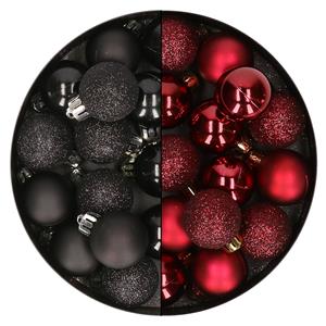 Bellatio 28x stuks kleine kunststof kerstballen zwart en bordeaux rood 3 cm -