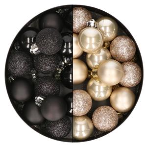 Bellatio 28x stuks kleine kunststof kerstballen zwart en champagne 3 cm -