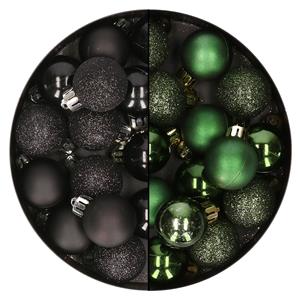 Bellatio 28x stuks kleine kunststof kerstballen zwart en dennengroen 3 cm -