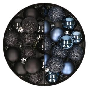Bellatio 28x stuks kleine kunststof kerstballen zwart en nachtblauw 3 cm -