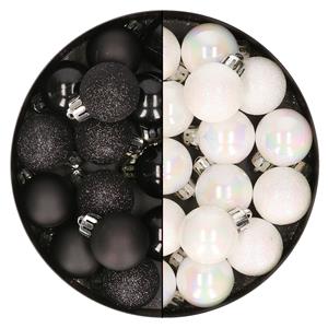 Bellatio 28x stuks kleine kunststof kerstballen zwart en parelmoer wit 3 cm -