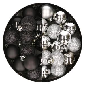 Bellatio 28x stuks kleine kunststof kerstballen zwart en zilver 3 cm -