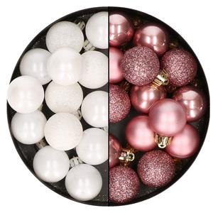 Bellatio 28x stuks stuks kunststof kerstballen wit en velvet roze 3 cm -