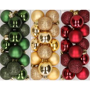 Bellatio 42x stuks kleine kunststof kerstballen goud, bordeaux rood en dennengroen 3 cm -