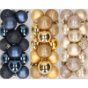 Bellatio 42x stuks kleine kunststof kerstballen goud, champagne en donkerblauw 3 cm -