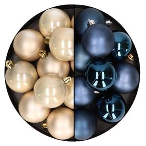 Bellatio 24x stuks kunststof kerstballen mix van donkerblauw en champagne 6 cm -