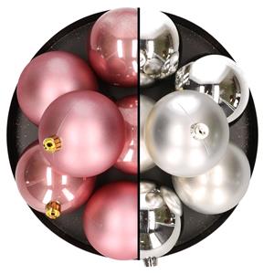 Bellatio 12x stuks kunststof kerstballen 8 cm mix van zilver en oudroze -