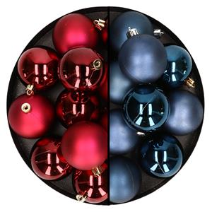 Bellatio 24x stuks kunststof kerstballen mix van donkerrood en donkerblauw 6 cm -