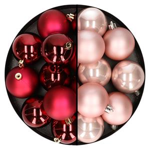 Bellatio 24x stuks kunststof kerstballen mix van donkerrood en lichtroze 6 cm -