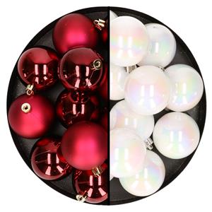 Bellatio 24x stuks kunststof kerstballen mix van donkerrood en parelmoer wit 6 cm -