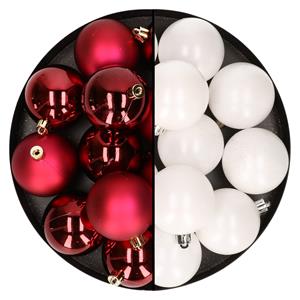 Bellatio 24x stuks kunststof kerstballen mix van donkerrood en wit 6 cm -