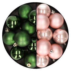 Bellatio 24x stuks kunststof kerstballen mix van lichtroze en donkergroen 6 cm -