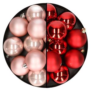 Bellatio 24x stuks kunststof kerstballen mix van lichtroze en rood 6 cm -