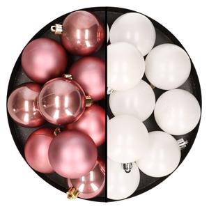 Bellatio 24x stuks kunststof kerstballen mix van oudroze en wit 6 cm -