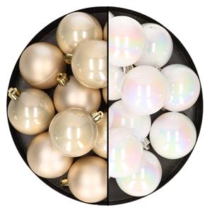 Bellatio 24x stuks kunststof kerstballen mix van parelmoer wit en champagne 6 cm -