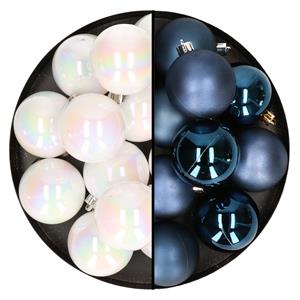 Bellatio 24x stuks kunststof kerstballen mix van parelmoer wit en donkerblauw 6 cm -
