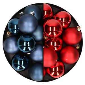 Bellatio 24x stuks kunststof kerstballen mix van rood en donkerblauw 6 cm -
