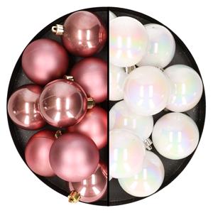 Bellatio 24x stuks kunststof kerstballen mix van velvet roze en parelmoer wit 6 cm -