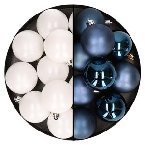Bellatio 24x stuks kunststof kerstballen mix van wit en donkerblauw 6 cm -