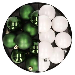 Bellatio 24x stuks kunststof kerstballen mix van wit en donkergroen 6 cm -