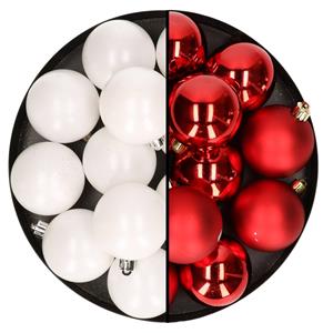 Bellatio 24x stuks kunststof kerstballen mix van wit en rood 6 cm -