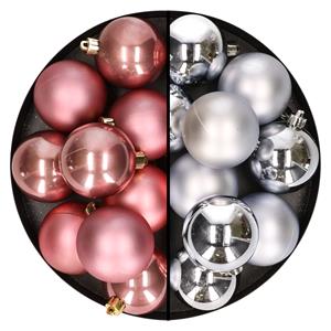 Bellatio 24x stuks kunststof kerstballen mix van zilver en oudroze 6 cm -