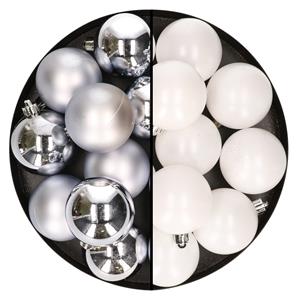 Bellatio 24x stuks kunststof kerstballen mix van zilver en wit 6 cm -