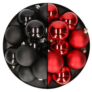 Bellatio 24x stuks kunststof kerstballen mix van zwart en rood 6 cm -