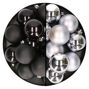 Bellatio 24x stuks kunststof kerstballen mix van zwart en zilver 6 cm -