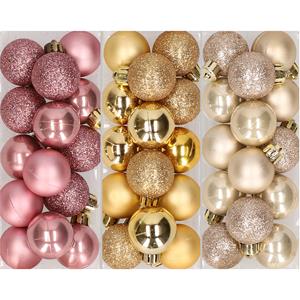 Bellatio 42x stuks kleine kunststof kerstballen mix champagne, goud en oudroze 3 cm -