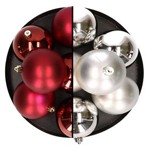 Bellatio 12x stuks kunststof kerstballen 8 cm mix van donkerrood en zilver -