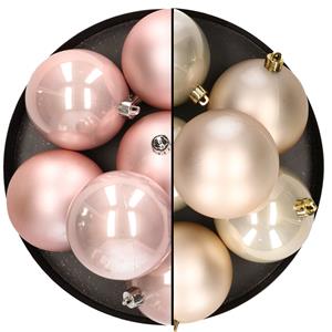 Bellatio 12x stuks kunststof kerstballen 8 cm mix van lichtroze en champagne -