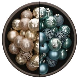 Bellatio 74x stuks kunststof kerstballen mix van champagne en ijsblauw 6 cm -