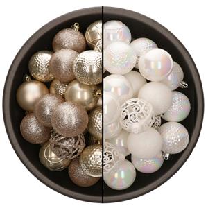Bellatio 74x stuks kunststof kerstballen mix van champagne en parelmoer wit 6 cm -