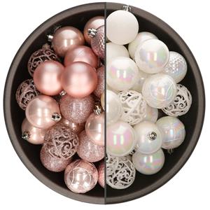 Bellatio 74x stuks kunststof kerstballen mix van lichtroze en parelmoer wit 6 cm -