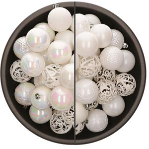 Bellatio 74x stuks kunststof kerstballen mix van parelmoer wit en wit 6 cm -