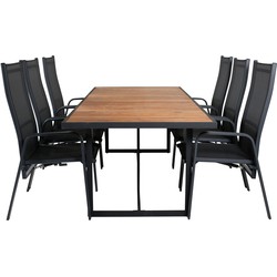 Hioshop Khung tuinmeubelset tafel 100x200cm en 6 stoel Copacabana zwart, naturel.